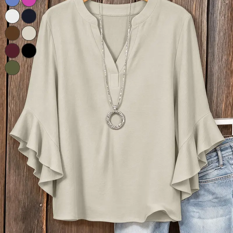 Plus Size Women's Ruffle Sleeve V-Neck Shirt, Elegant Floral Design, Comfortable and Stylish, Perfect for Casual Wear