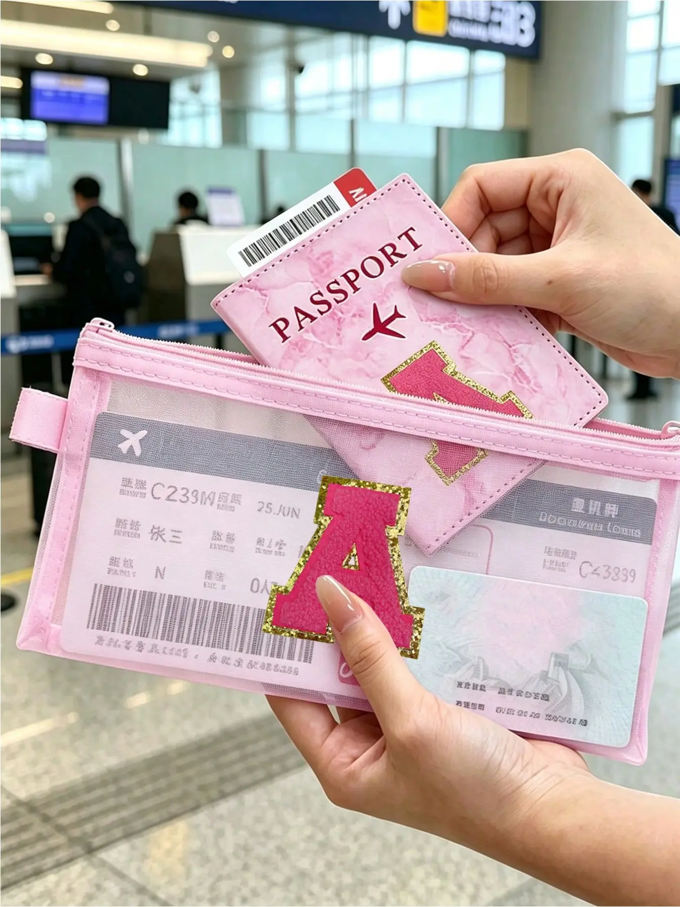 Pink marble pattern passport holder/mesh storage bag, gold-edged towel embroidery A-Z alphabet travel document set, waterproof PU passport cover, transparent mesh ticket storage pouch, 3D glitter flocked letters with selectable initials