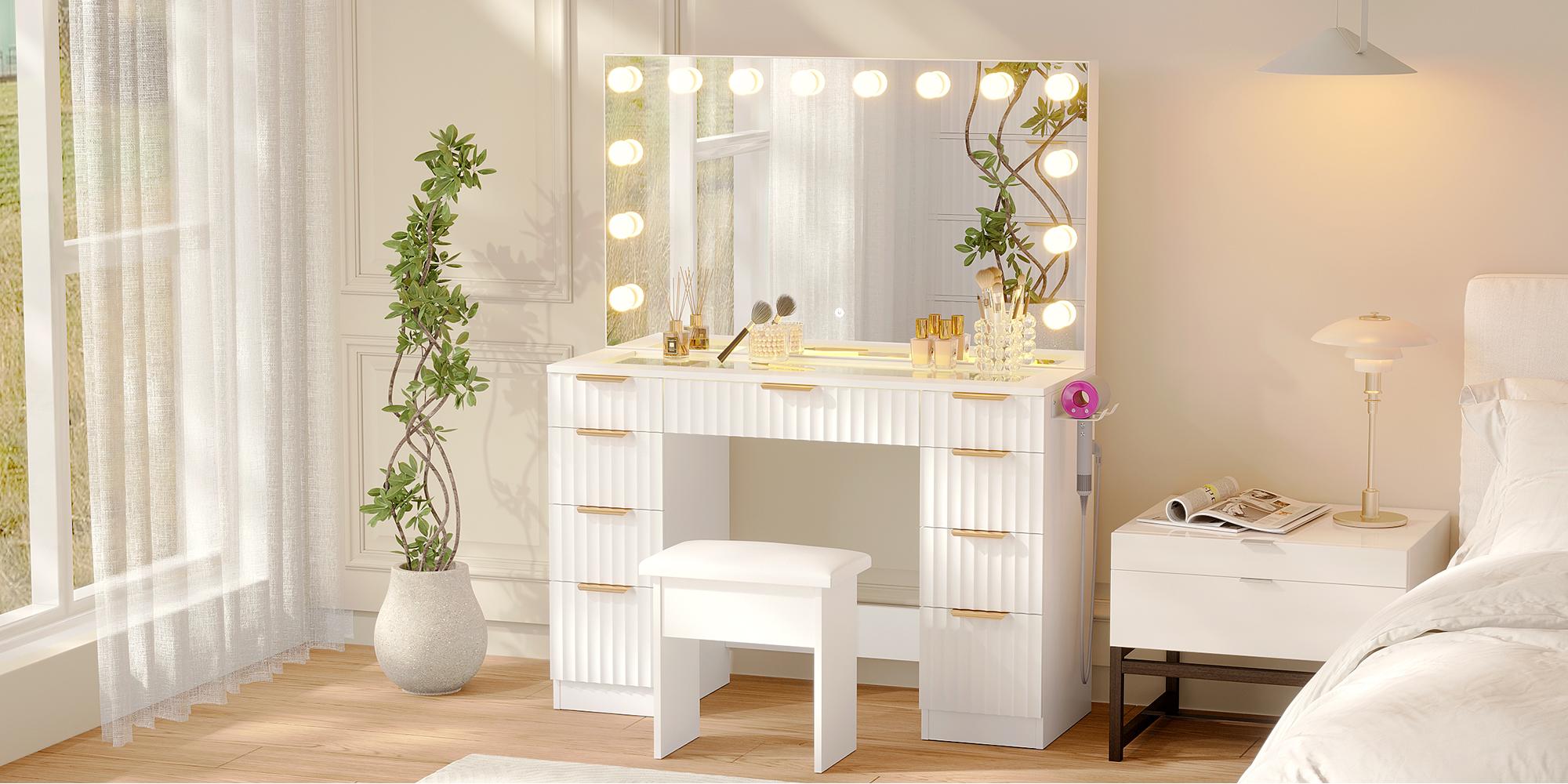 VOWNER Makeup Vanity Table with Full Mirror, 9 Storage Drawers & Glass Top, Wave Series, PowerOutlet Hair Dryer Rack Dressing Table