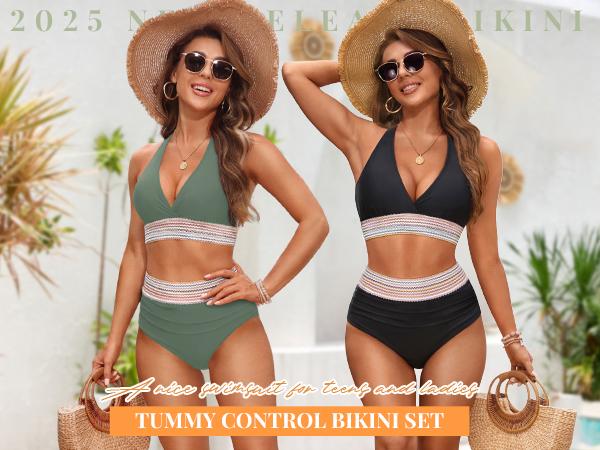 Yonique Women High Waisted Tummy Control Bikini Swimsuit  Halter Bikini Top Push Up Color Block Two Piece Bathing Suit