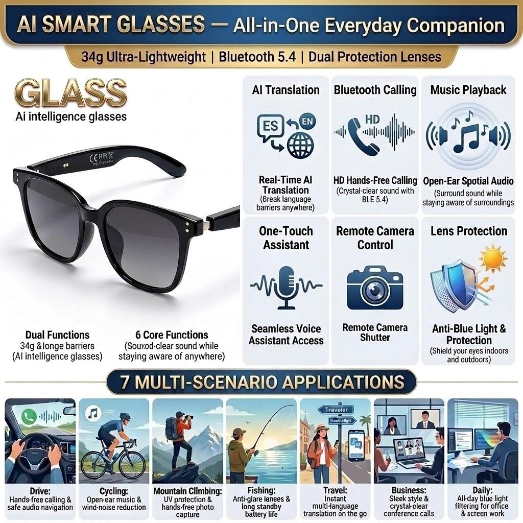SENBONO Smart Glasses, Wireless Glasses, Polarized Bluetooth Sunglasses with Microphone & Speaker, UV Protection, Auto Pairing, AI Translation, Voice Assistant
