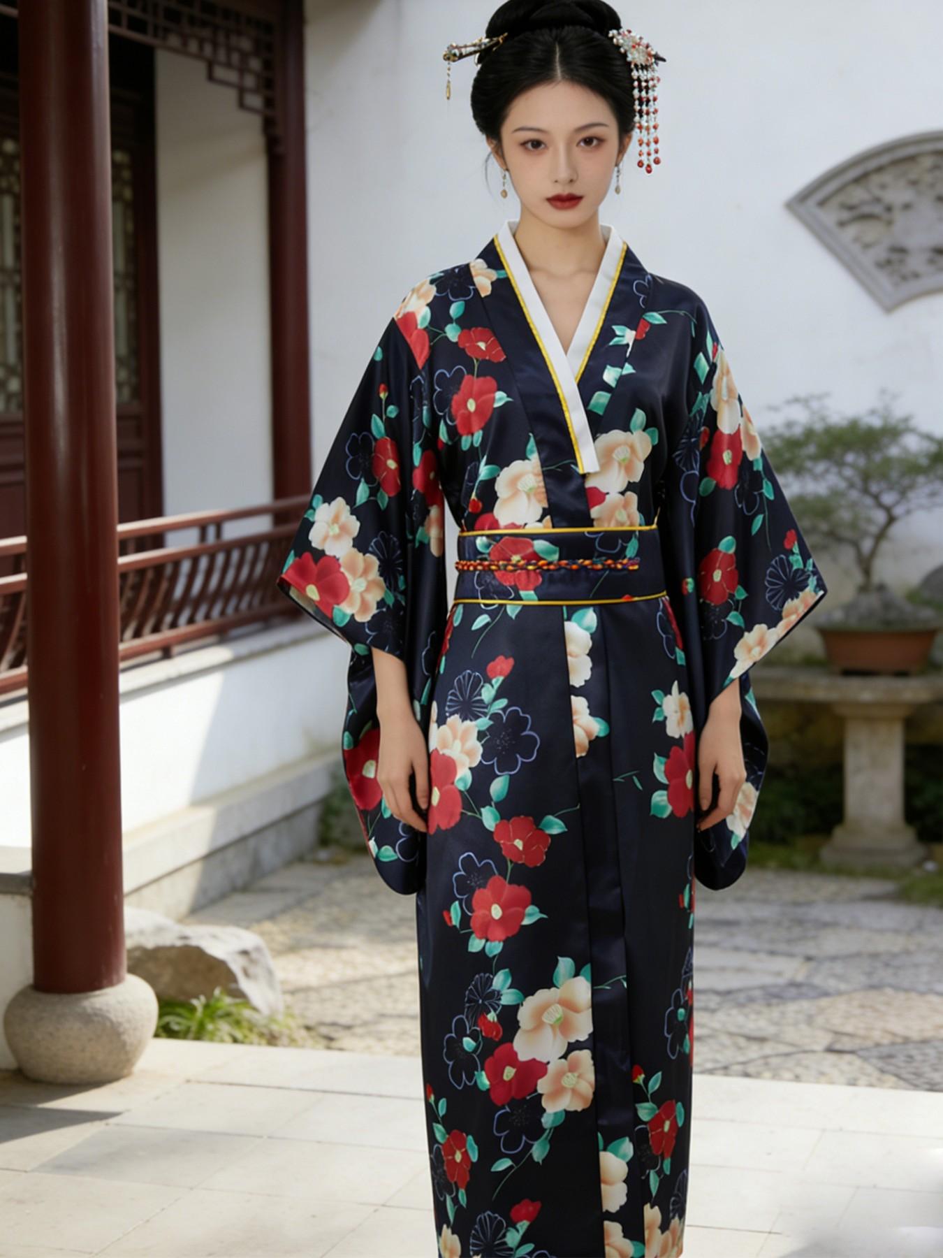 Satin Japanese Kimono for Women Traditional Geisha Inspired Yukata with Adjustable Obi Belt Elegant Oriental Dress for Festival Cosplay Party Photoshoot Wedding Guest Halloween Costume  Spring Sakura Outfit Cherry Blossom Festival
