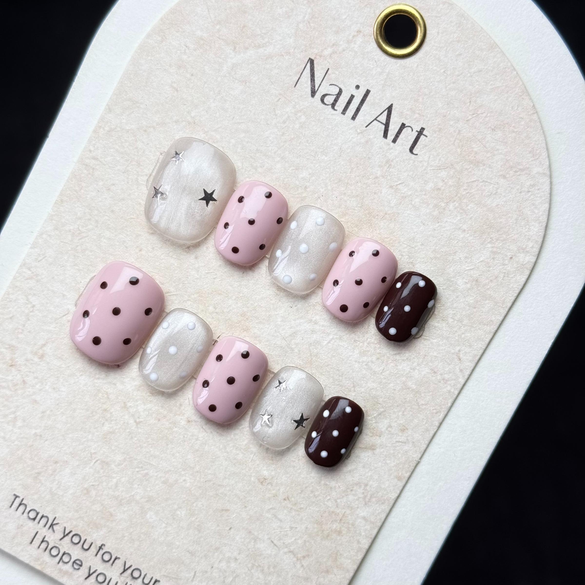 No Cheap Flair! Pink Brown Exquisite Hand-Painted Press On Fake Nails, Reusable, Glow Cream Base & Star Design, Euro-Style Sweet Luxury Nails
