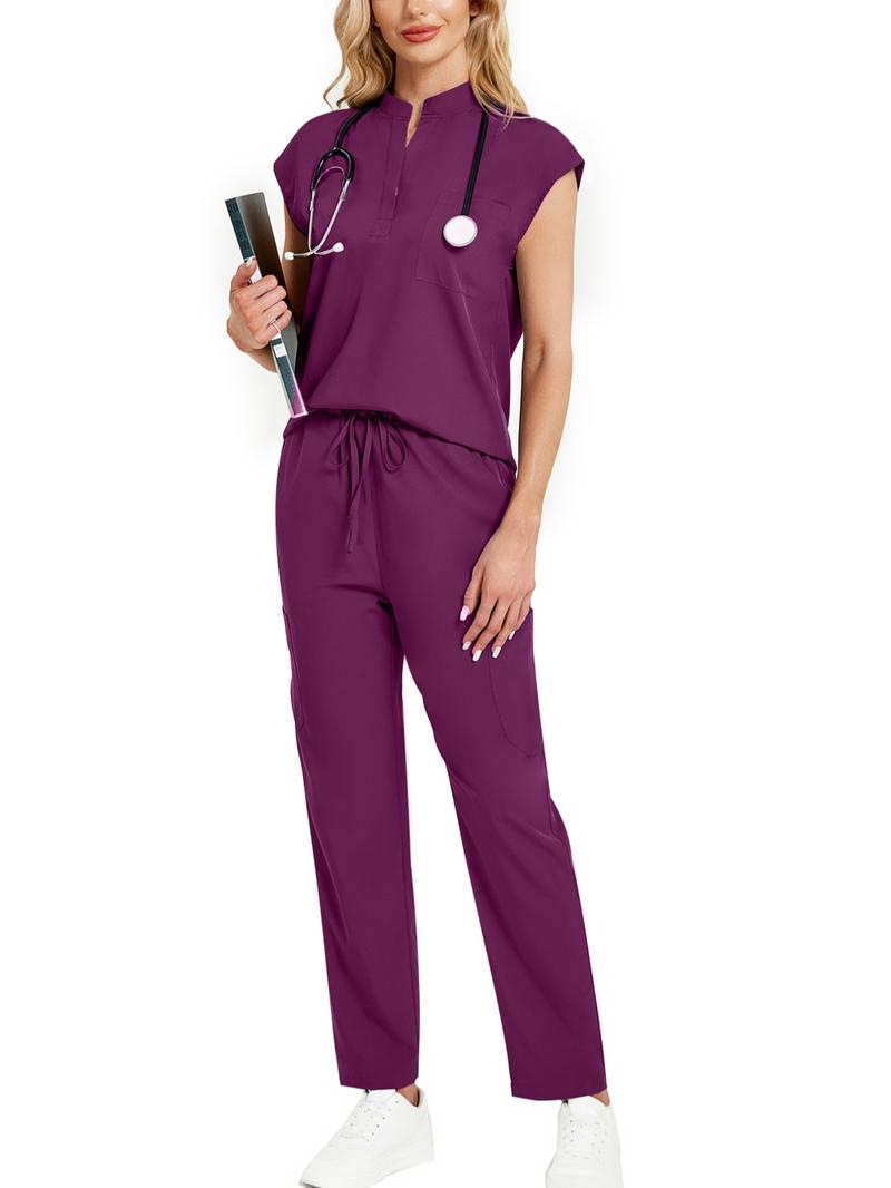 Cimmuovere Women's Solid Notched Neck Batwing Sleeve Top & Drawstring Waist Pants Two-Piece Scrub Set, Casual Cap Sleeve Top & Pocket Trousers for Summer, Vital Scrub Top, Women's Uniforms for Work, Medical Scrub Sets