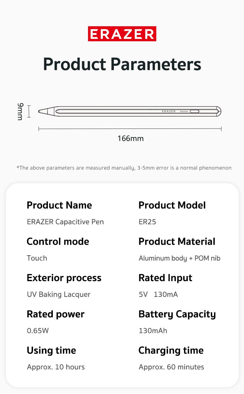 ERAZER Stylus Pen for Apple iPad 2018-2024,2X Fast Charge,Tilt Sensitivity Active Touch Screen Pencil Compatible with iPad 10/9/8/7/6, iPad Pro 12.9/11/13,iPad Air 3/4/5, iPad Mini 5/6 Gen Universal Rechargeable