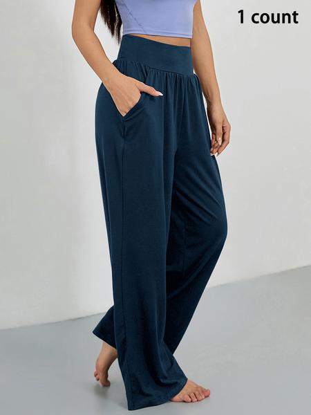 Sporty Women's Solid Color Pocket Joggers, Casual Sport Wide Waistband Trousers for Outdoor Workout Running, Summer Airport Outfit 2024, Ladies Sportswear Lounge Outfit for All Seasons