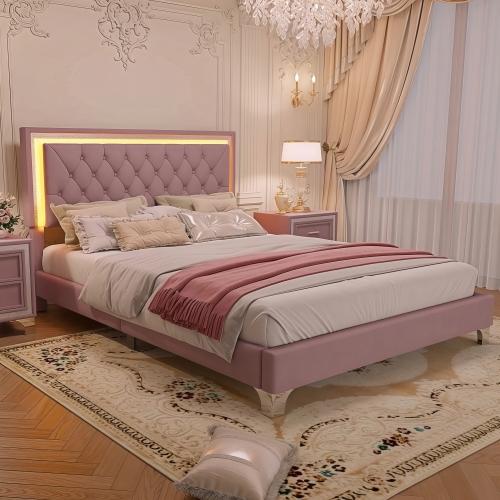 [Bellewave] Queen Size Upholstered Bed Frame with LED Lights,Modern Velvet Platform Bed with Tufted Headboard,Pink
