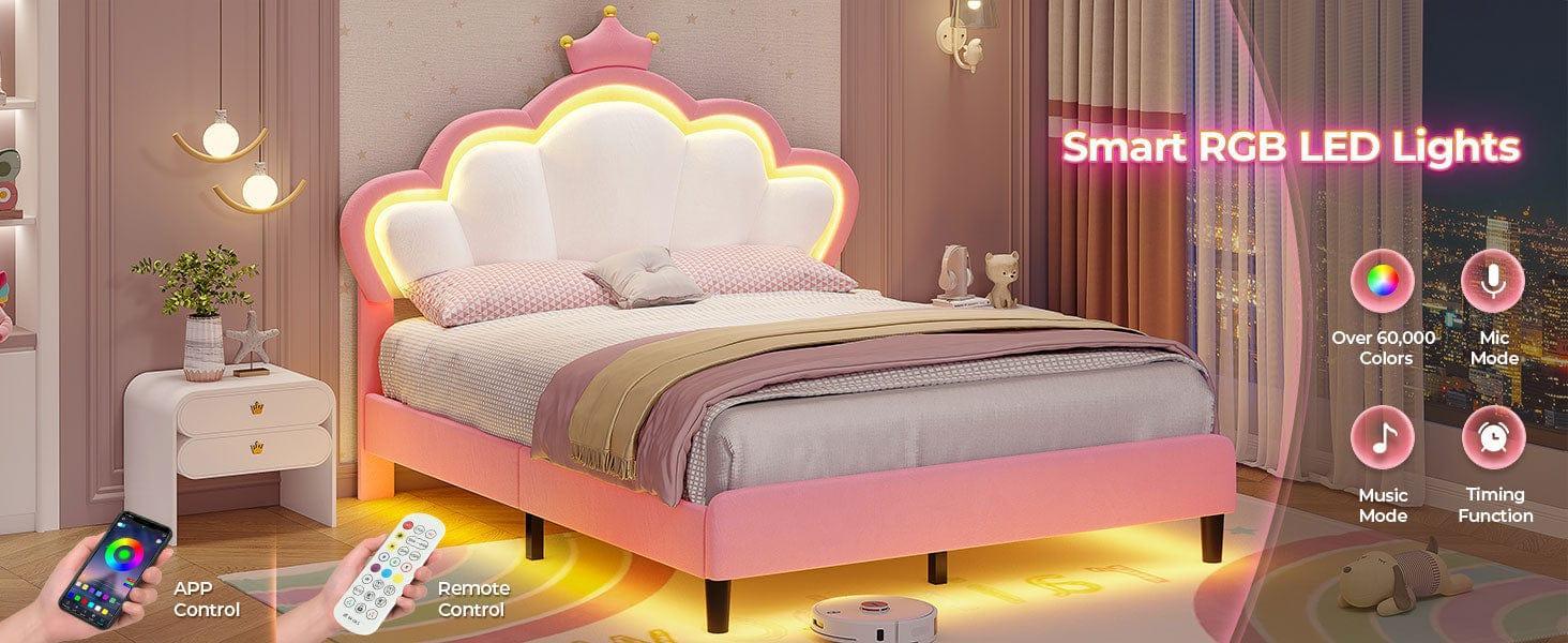 Girls Full Bed Frame with Princess Crown and LED Velvet Upholstered Platform Pink Girls Full Bed Frame with Princess Crown and LED Velvet Upholstered Platform Pink