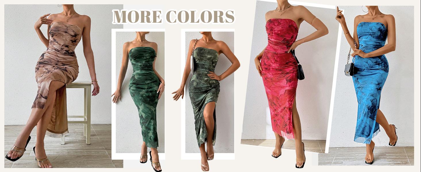 Spring Mesh Floral Strapless Bodycon Maxi Dress Ruched Tube Long Dresses with Slit