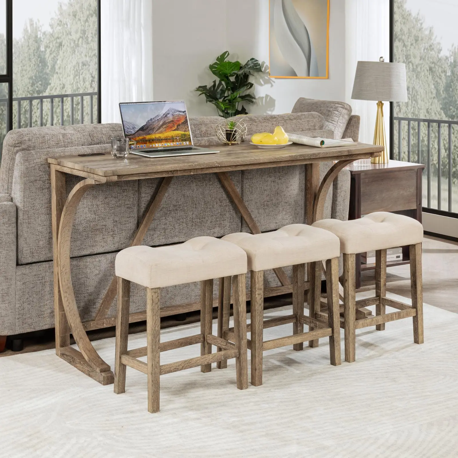 4-Piece Bar Table Set with Power Outlet, Rectangular Dining Bar Table and 3 Upholstered Stools, Brown or Dark Gray, for Dining Room, Living Room, Game Room