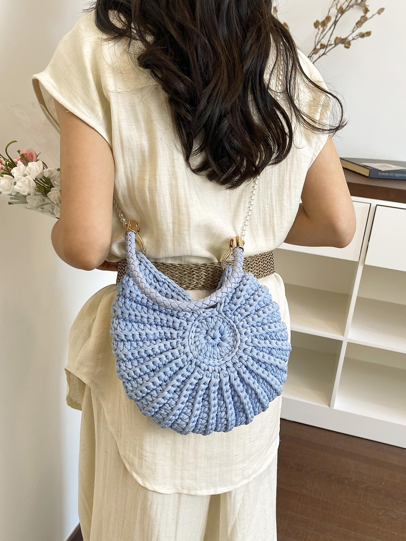 Seashell Pearl Chain Crossbody Bag, Beach Vacation Shoulder Bag, Handmade Crochet Boho Style, Summer Women's Backpack