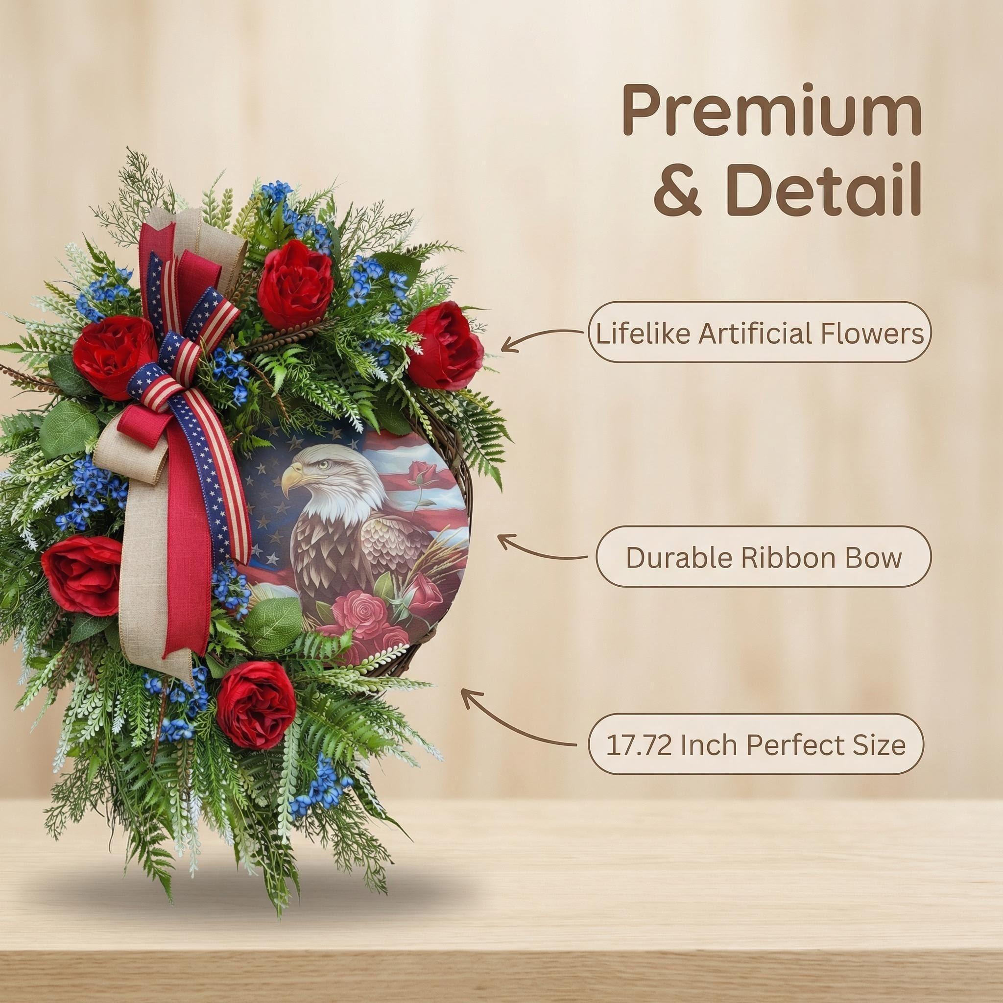 Patriotic Bald Eagle Wreath, Independence Day Memorial Decoration, Rose American Flag Wreath, Rustic Door Hanging, Indoor Outdoor Decor