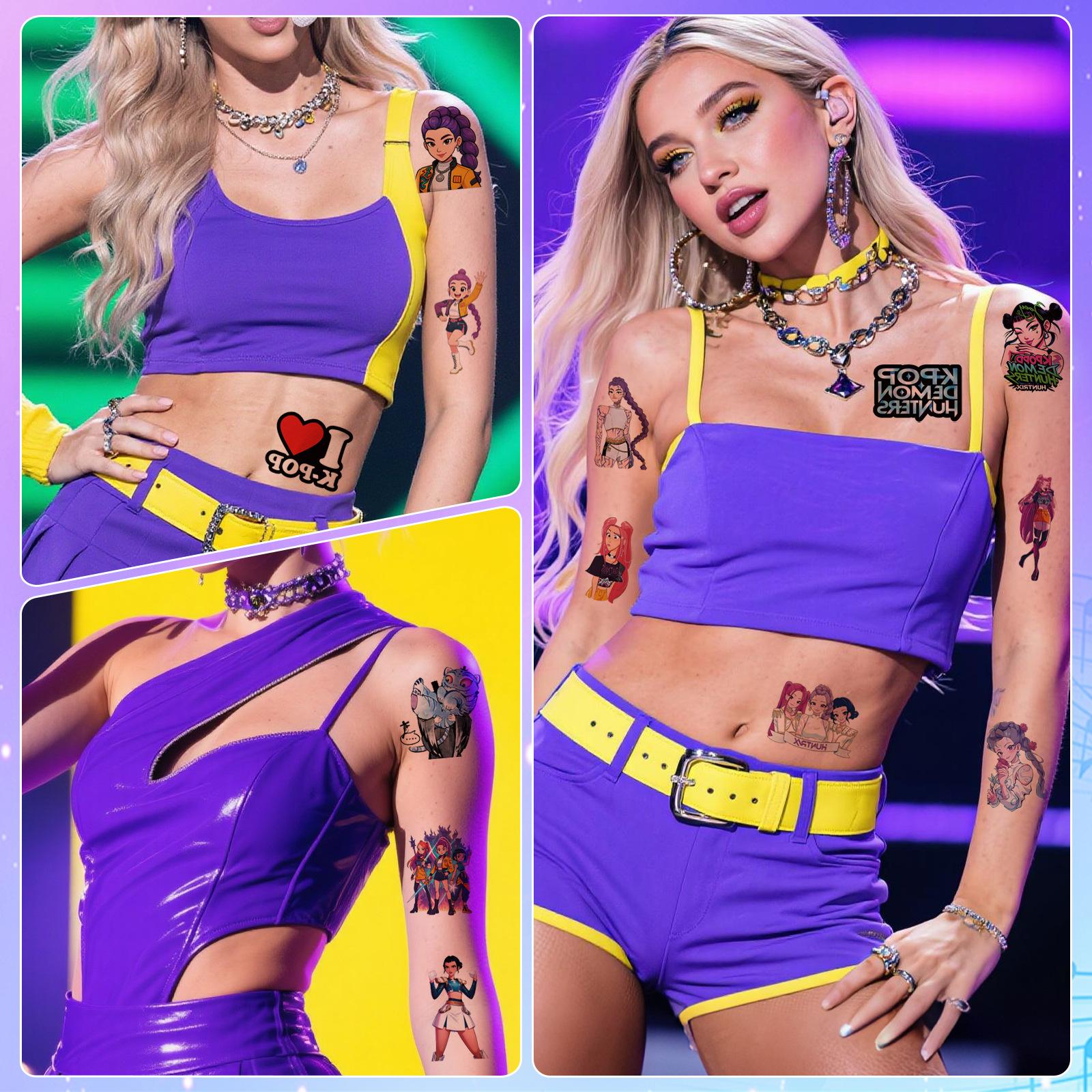 Cross-Border 4pc New Anime Tattoo Stickers, High-End Cartoon Anime K-Pop Temporary Arm Tattoos, Trendy Fashion Body Art Accessories