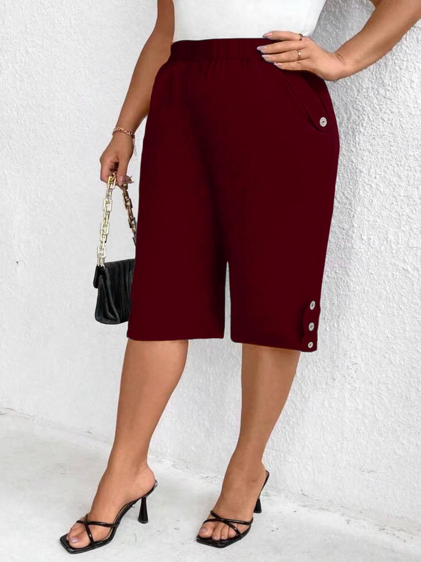 Elegant Plus Size Solid Color Elastic Waist Fitted Slant Pocket 7/8 Pants, Casual Fitted Bottoms, Comfortable High Stretch Women's Casual Trousers