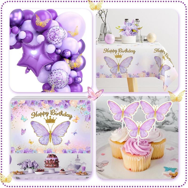 Purple Butterfly Birthday Decorations Pink Balloon Arch Kit Foil Butterfly Balloon,95pc Happy Butterfly Birthday for Girl Baby Shower Party Decor FathersDayGift