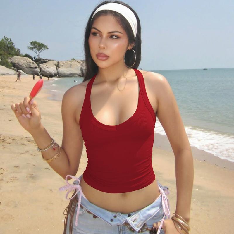 Women's Solid Ribbed Halter Neck Tank Top, Active Top, Casual Sleeveless Top for Daily Wear, Ladies Clothes for All Seasons