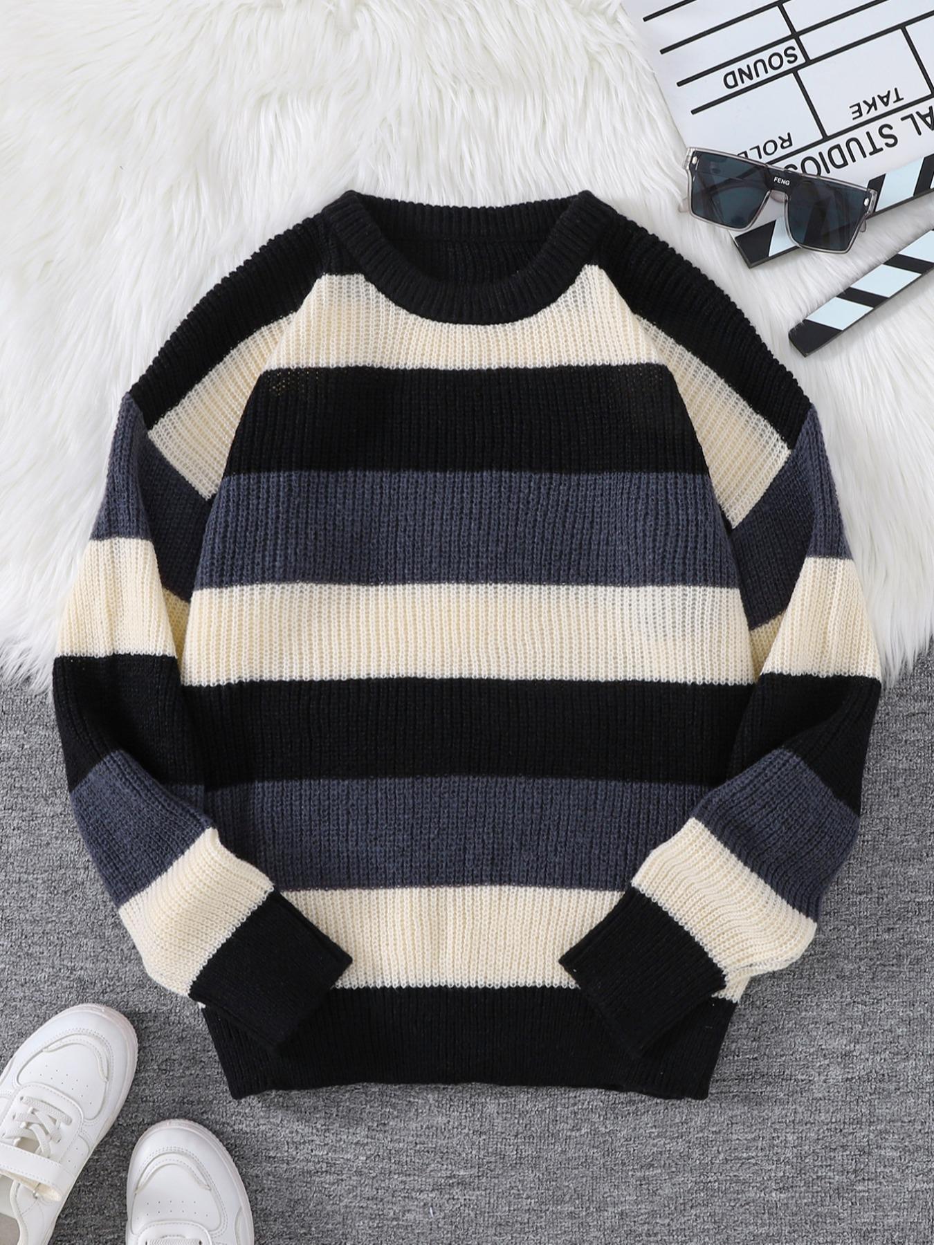 Men's Striped Print Round Neck Knitted Sweater, Casual Regular Fit Long Sleeve Jumper for Fall & Winter, Men's Knit Pullover for Daily Wear, Going Out Outfit