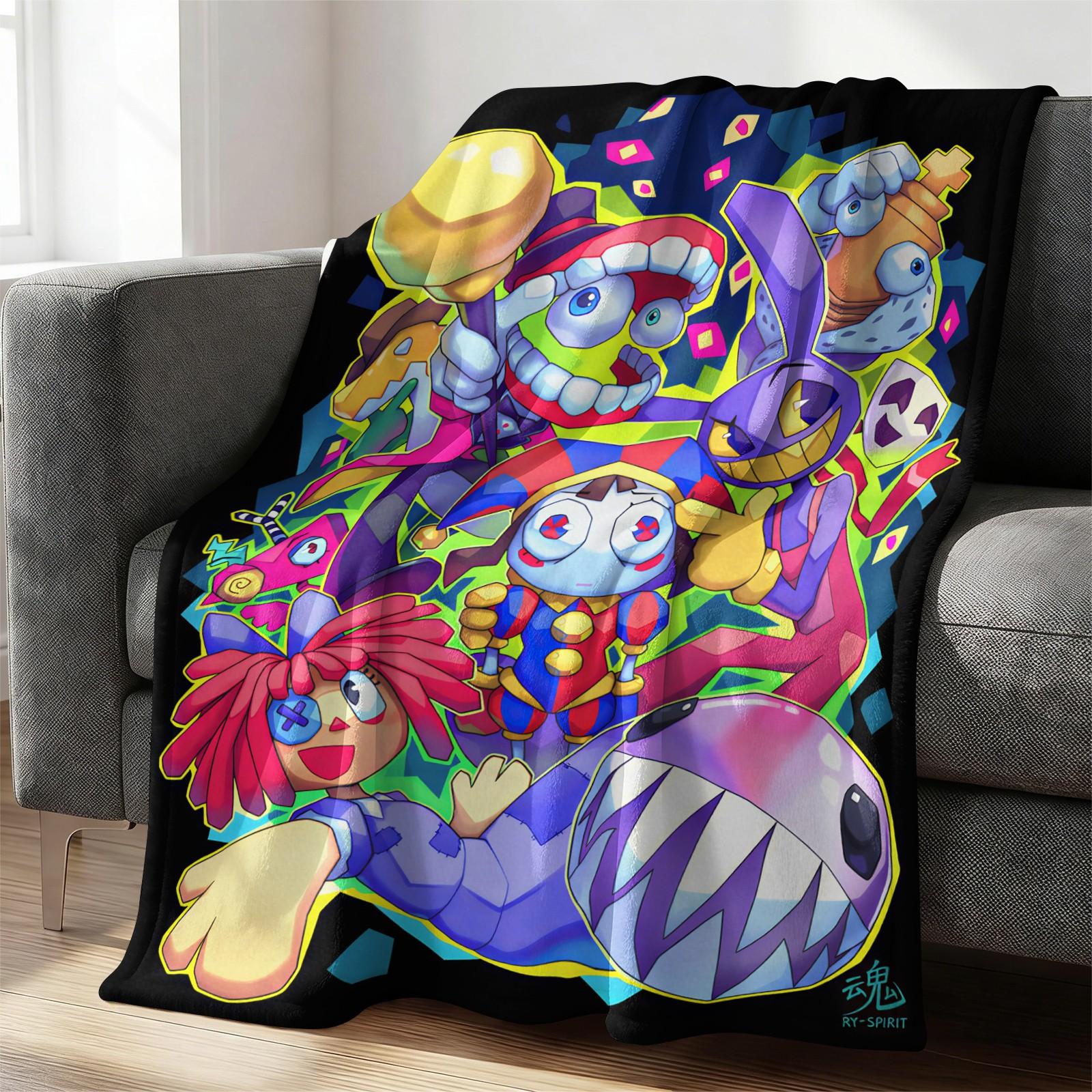 Trendy Digital Circus All-Character Print Blanket, Cartoon Anime Peripheral Flannel Nap Blanket, Warm Sofa Cover Blanket for Home & Student Dorm, Flannel Cozy Blanket
