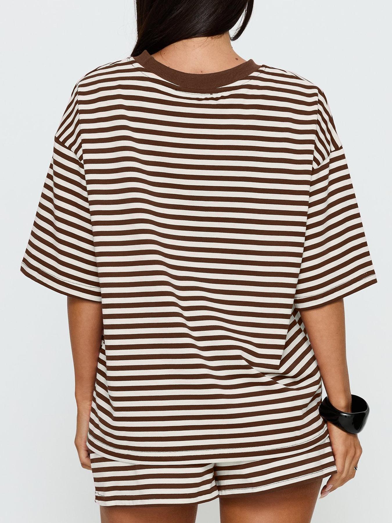 2 Spring Summer Striped Print 2 Piece Outfit Women Womenswear Clothes | Oversized T-Shirt + Drawstring Shorts | Soft Casual Lounge Set | Y2K Clean Girl Style for Daily Home Vacation Wear