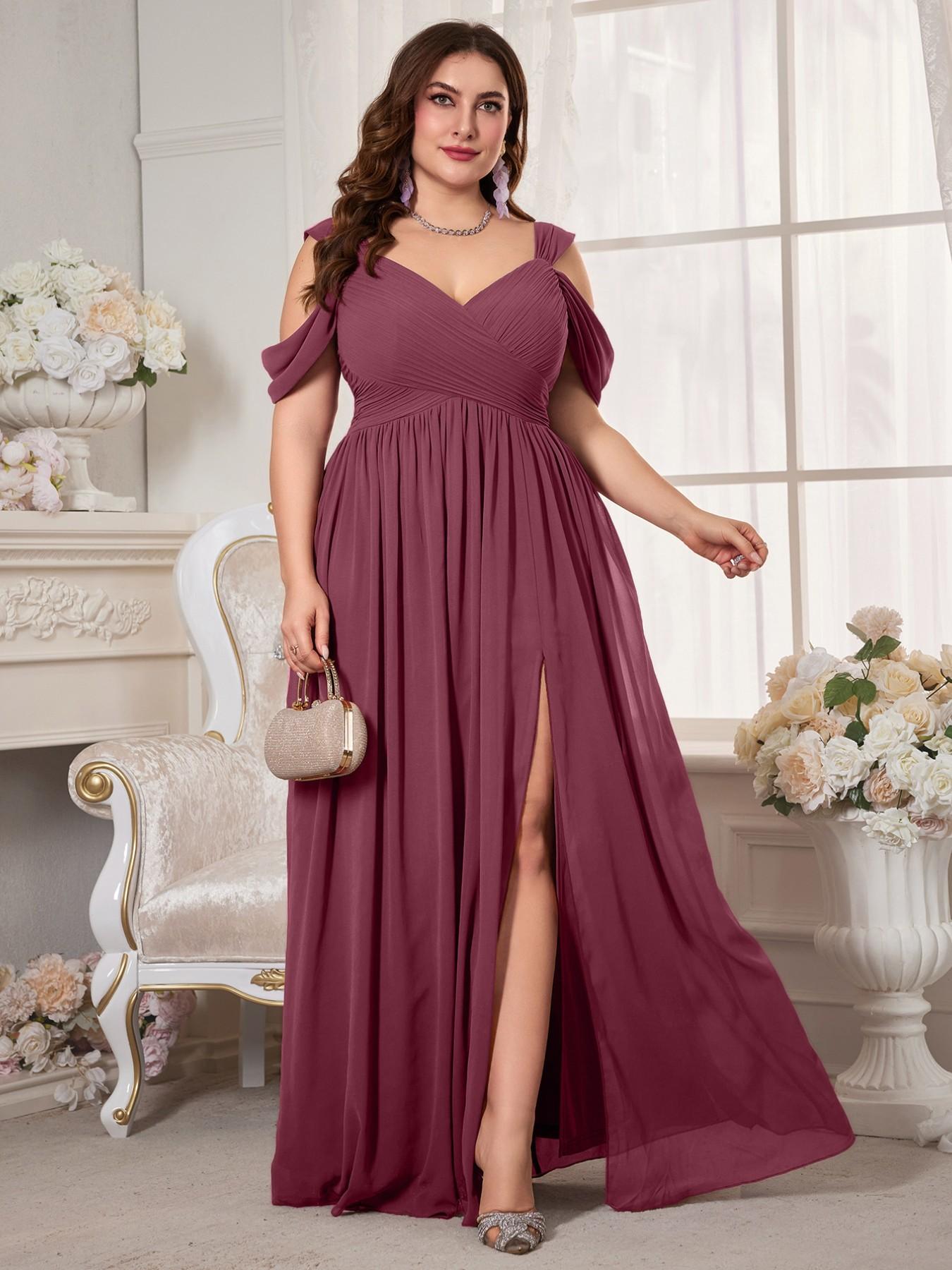 Plus Size Women's V-Neck Backless Waist Cinch Pleated High Split Skirt Maxi Dress, Elegant Chic Lightweight Chiffon Bridesmaid Party Formal Evening Gown, Pleated Dresses