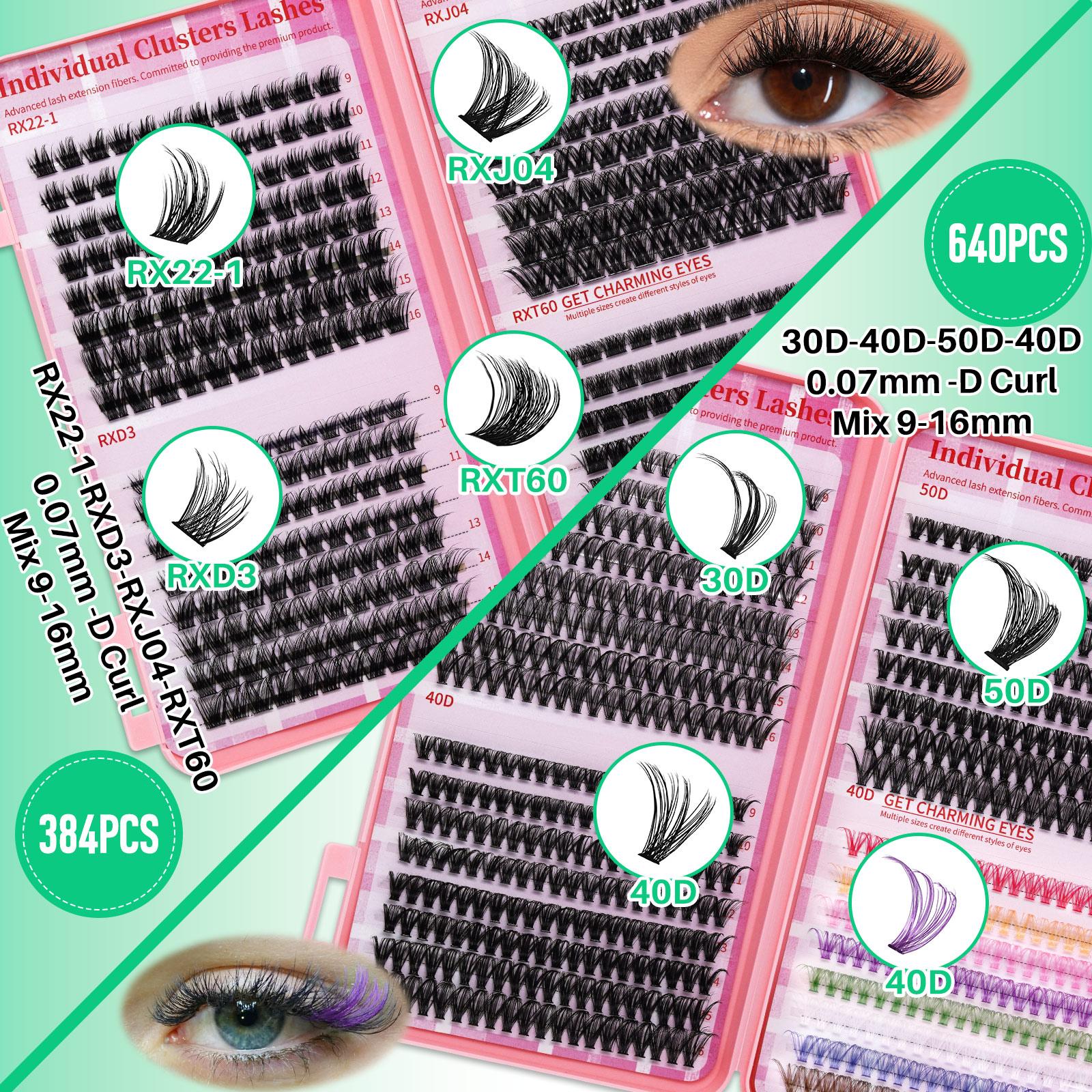 2304pcs DIY Eyelash Extension Set, Individual Lash Extensions, D Curl 11 Styles, Individual False Eyelashes Mix 9-16mm Fluffy Mega Volume Wispy Colorful Lashes Soft And Comfortable with Bond&Seal and Tweezers