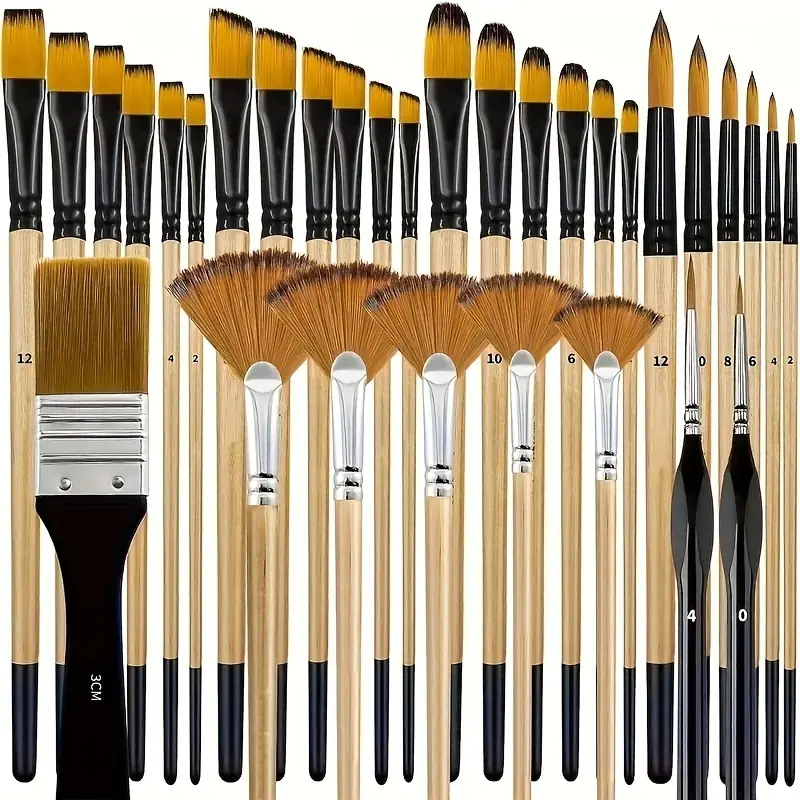 Professional Nylon Bristle Brush Set (32-Pack) - Multi-Shape Round Flat Angled & Fine Detail Wooden Brushes with Grooved Handles, Watercolor Oil Painting Kit, Portable Gold Assorted for Beginners, Party Bag Gifts