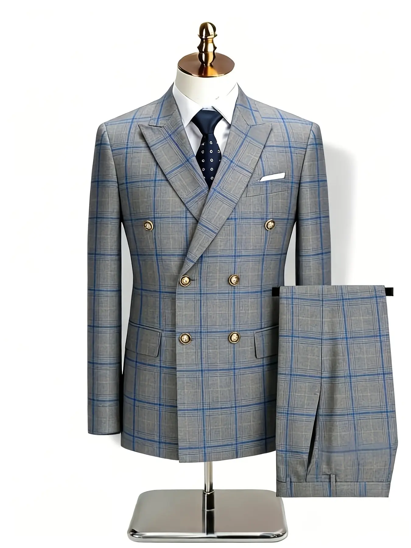 Ainwear Men Bgrey-Blue Plaid 2-Piece Suit, Double-Breasted Blazer Jacket with Matching Pants, Casual Fitted Tartan for All Seasons