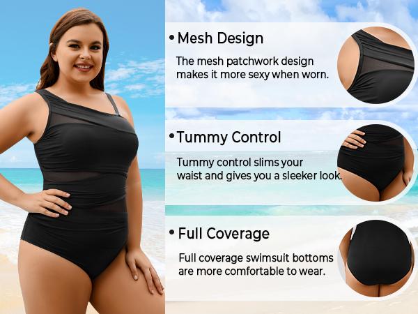 Aqua Eve Plus Size One Piece Swimsuit for Women Tummy Control Bathing Suits One Shoulder Swimwear