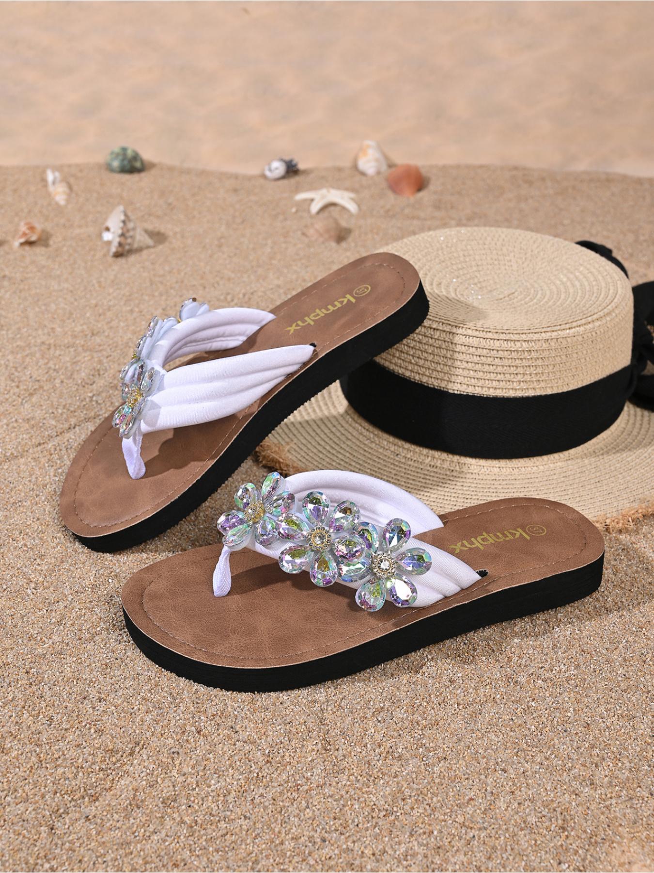 Women's Rhinestone Flower Flip Flops Summer Non-slip Thong Sandals Beach Shoes for Vacation