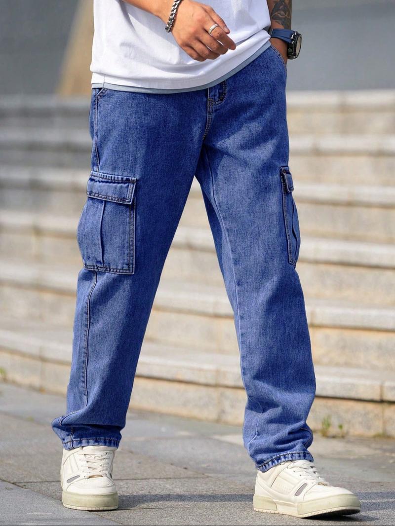 Men's Solid Color Washed Straight Leg Cargo Jeans, Loose Casual Comfy Flap Pocket & Slant Pocket Design Denim Trousers for Daily Wear, Fashion Men's Bottoms for All Seasons, Cotton, Relaxed Fit Jeans, Baggy Jeans, Pants