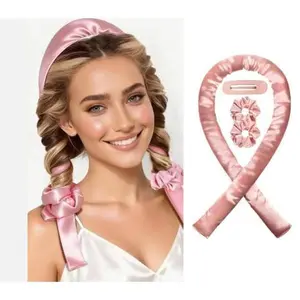 Heatless Curling Rod Headband/No Heat Silk Ribbon Curling Rod Hair Roller Curls with Hair Claw Clip Lazy Natural Soft Wave DIY Hair Rollers Styling Tool for Sleep in Overnight/pink