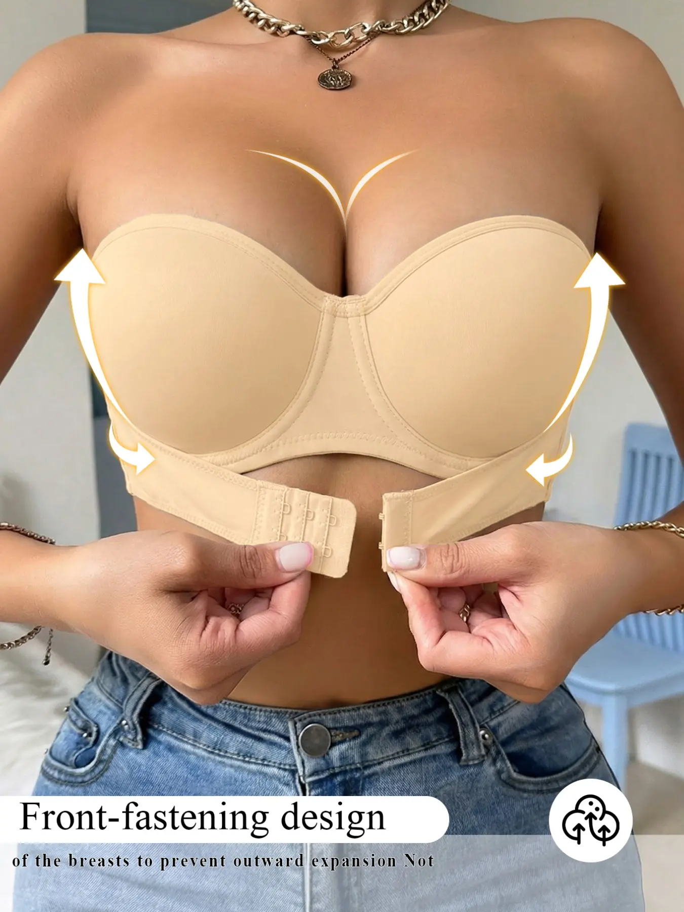 Women’s Color Block Strapless Underwire Bra, Front Closure Push-Up Support, Removable Adjustable Clear Straps, Smooth Soft Comfortable Fabric, Versatile Everyday Off-Shoulder Lingerie
