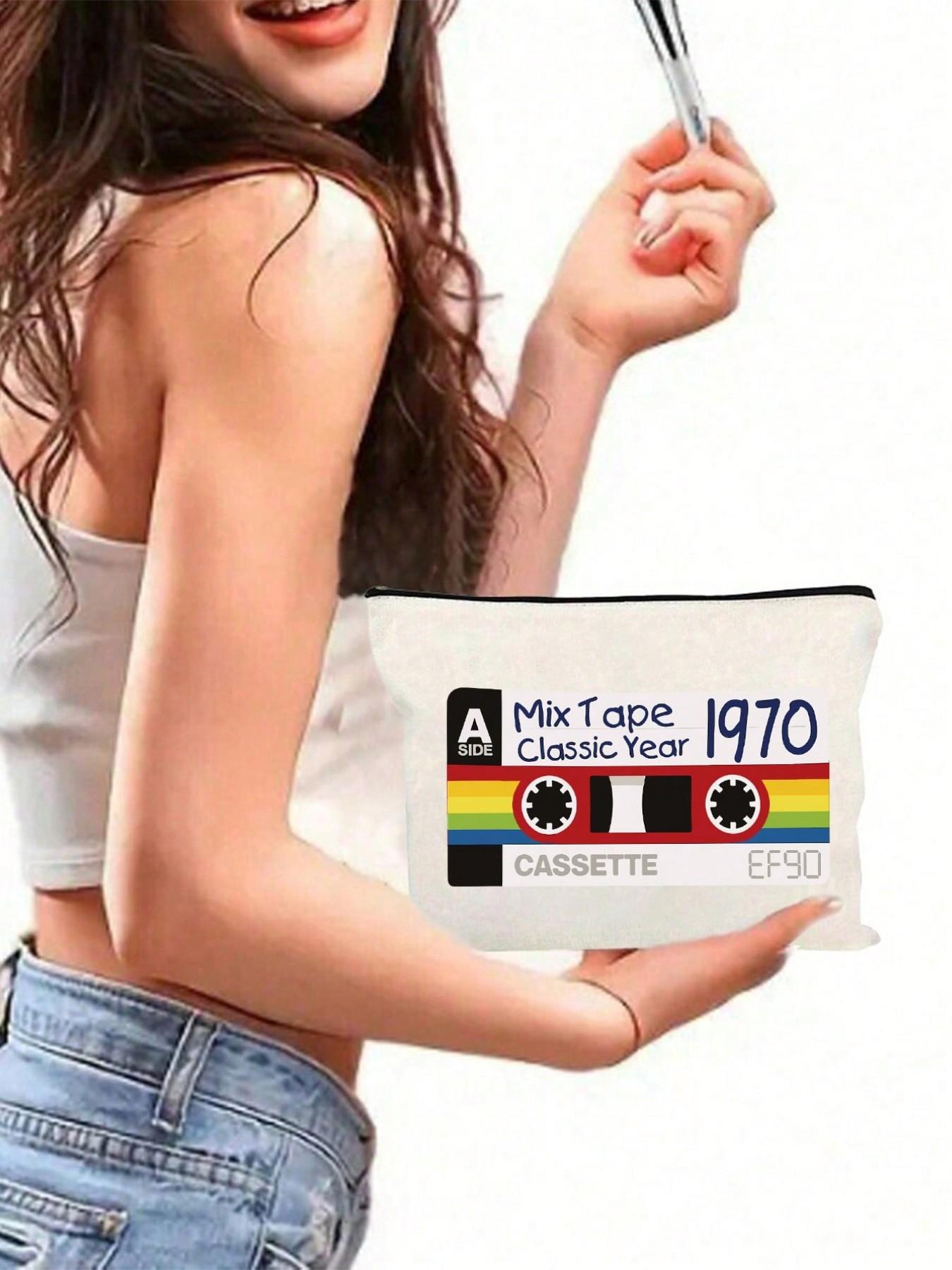 Vintage Tape Pattern Makeup Bag, Reusable Travel Organizer, Portable Vanity Case, Perfect Gift for Music Lovers, Multifunctional Storage