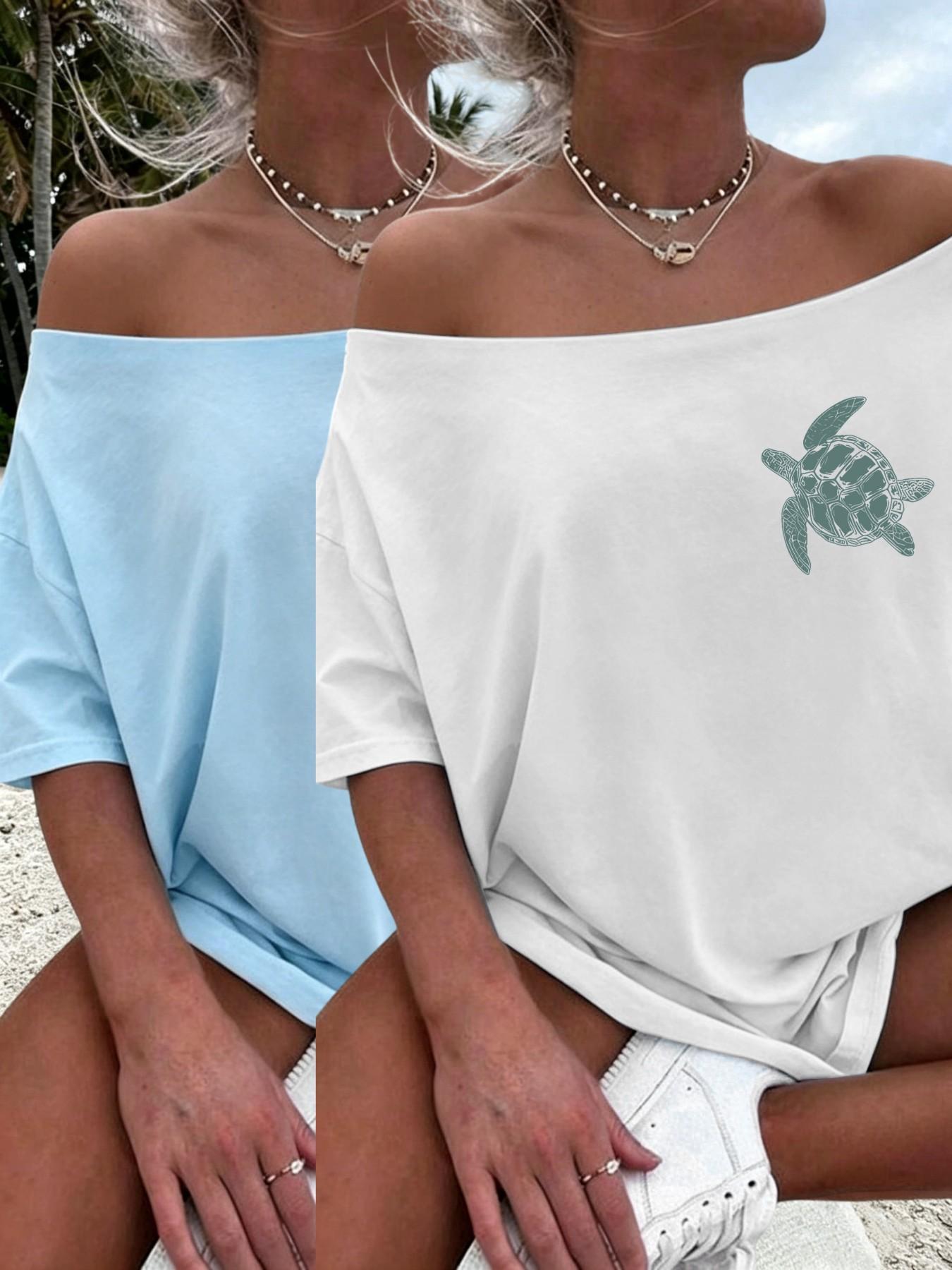 Women's Oceanic Turtle Print Off-Shoulder Loose Summer T-Shirt, Casual Fashion Loose, Casual Short Sleeve Bohemian Beach Top, Boho Casual Wear
