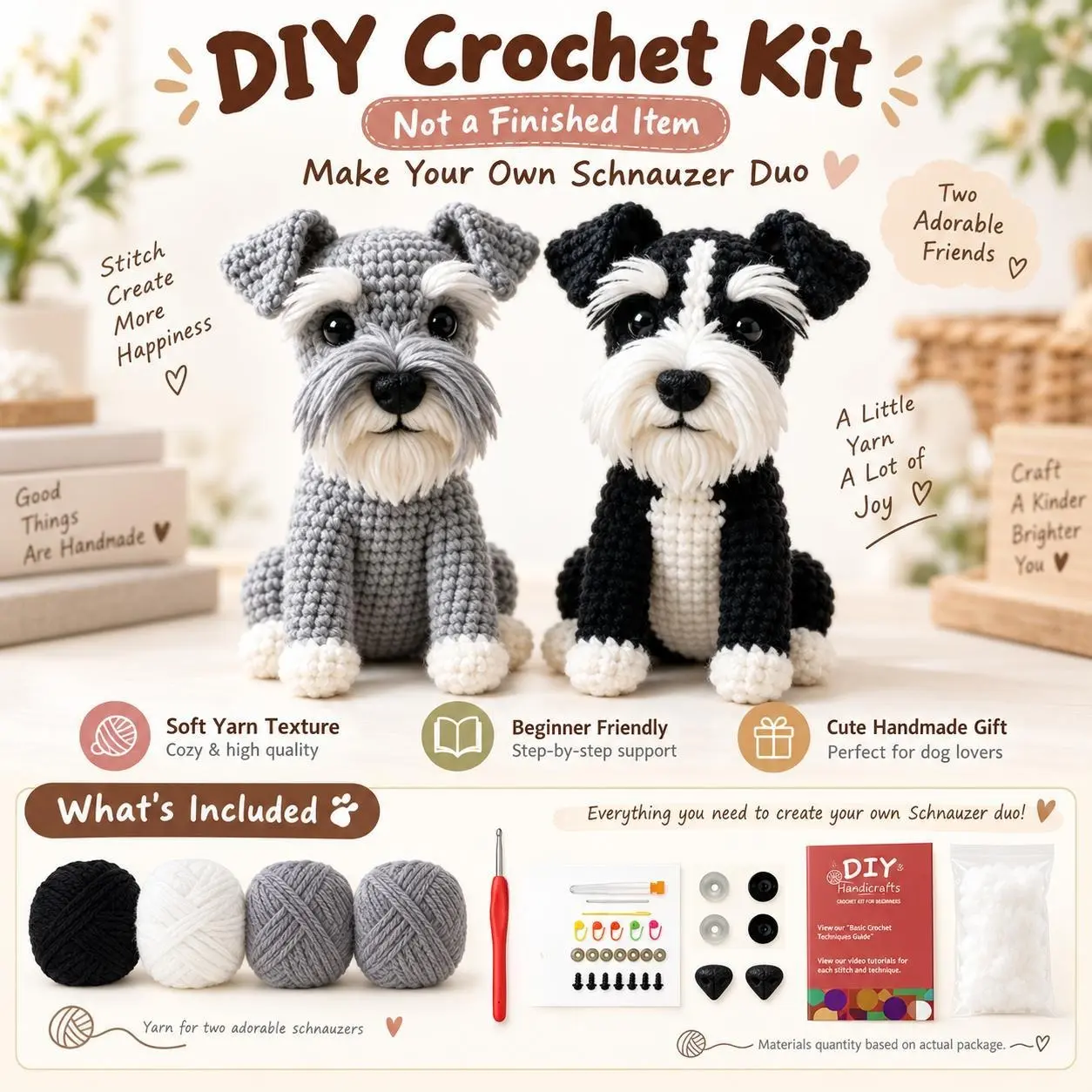 DIY Crochet Schnauzer Dog Kit, Create Your Own Cute Black & Gray Puppy Amigurumi Dolls with Yarn, Crochet Hook, Stuffing and Accessories, Handmade Dog Lover Gift, Beginner Friendly Crochet Craft Kit, Pet Inspired Home Decor, Unique Handmade DIY Project fo