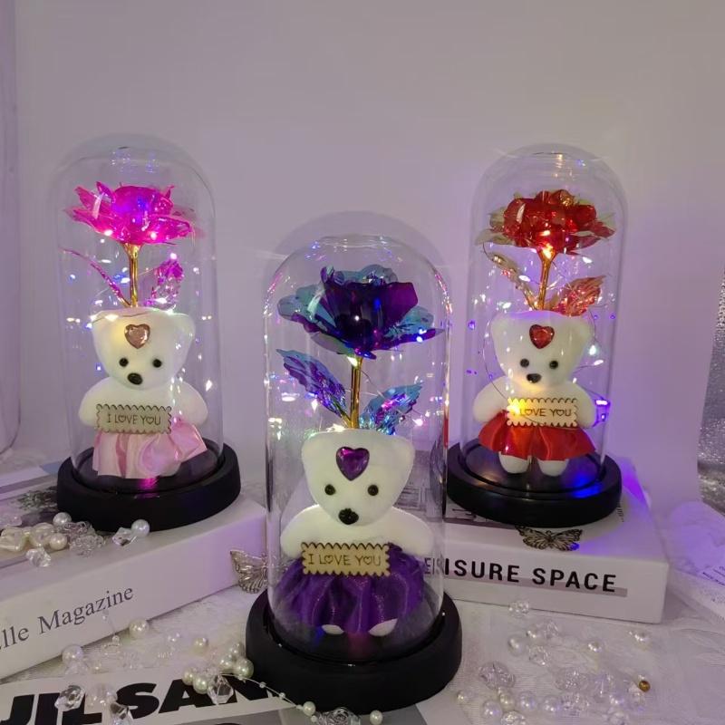 Artificial Rose Bear Gift with Glass Dome, 1 Count Battery Powered Romantic Glass Cover Rose Bear Flower Gift with Light, Decorative Flower for Home Party Wedding Anniversary, Rose Teddy Bear(without Battery)