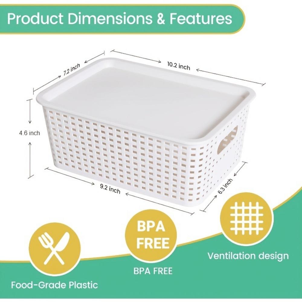 6-Piece Set of Plastic Storage Baskets with Lids (Black/White/Gray) — Stackable Decorative Organizer Bins for Shelves, Drawers, Desktops, Closets, Playrooms, Classrooms, and Offices