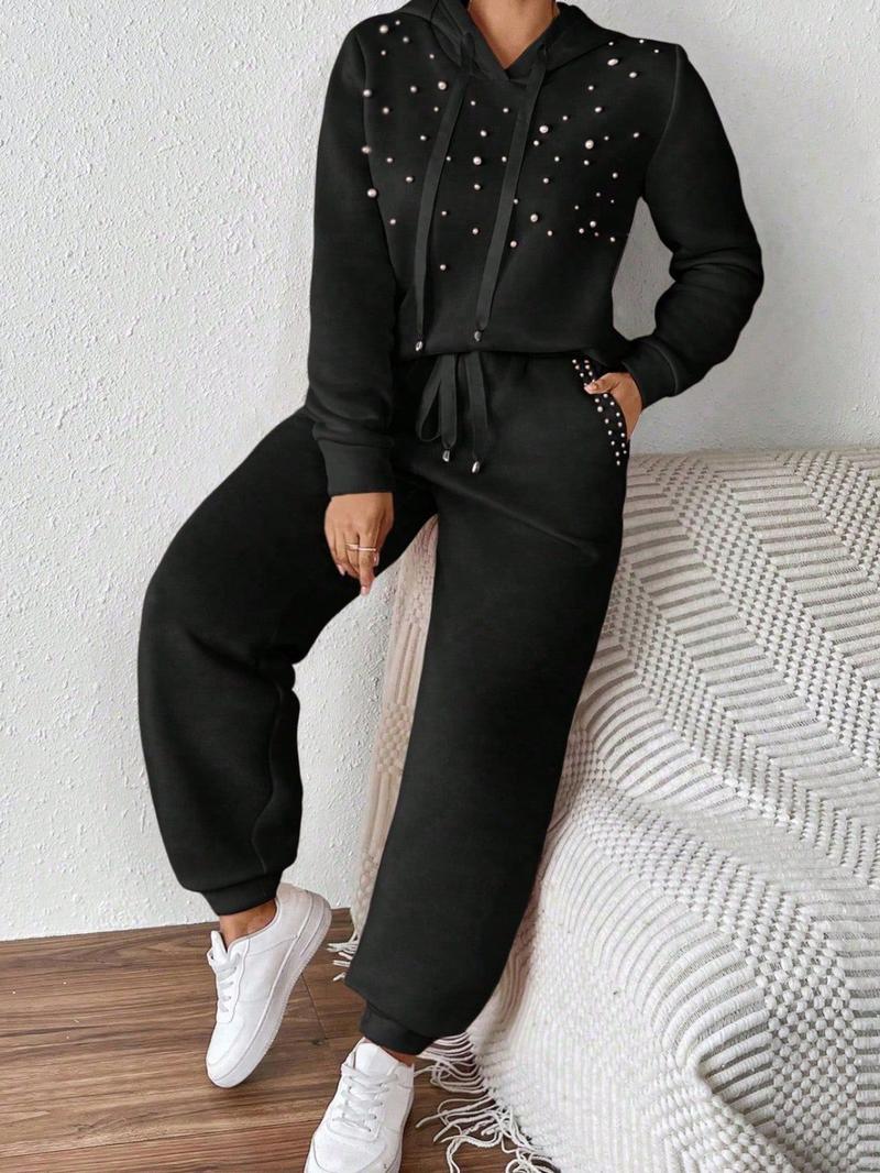 Two piece women's Korean casual black hoodie and pants set, suitable for autumn and winter, suitable for home, indoor, and outdoor wear