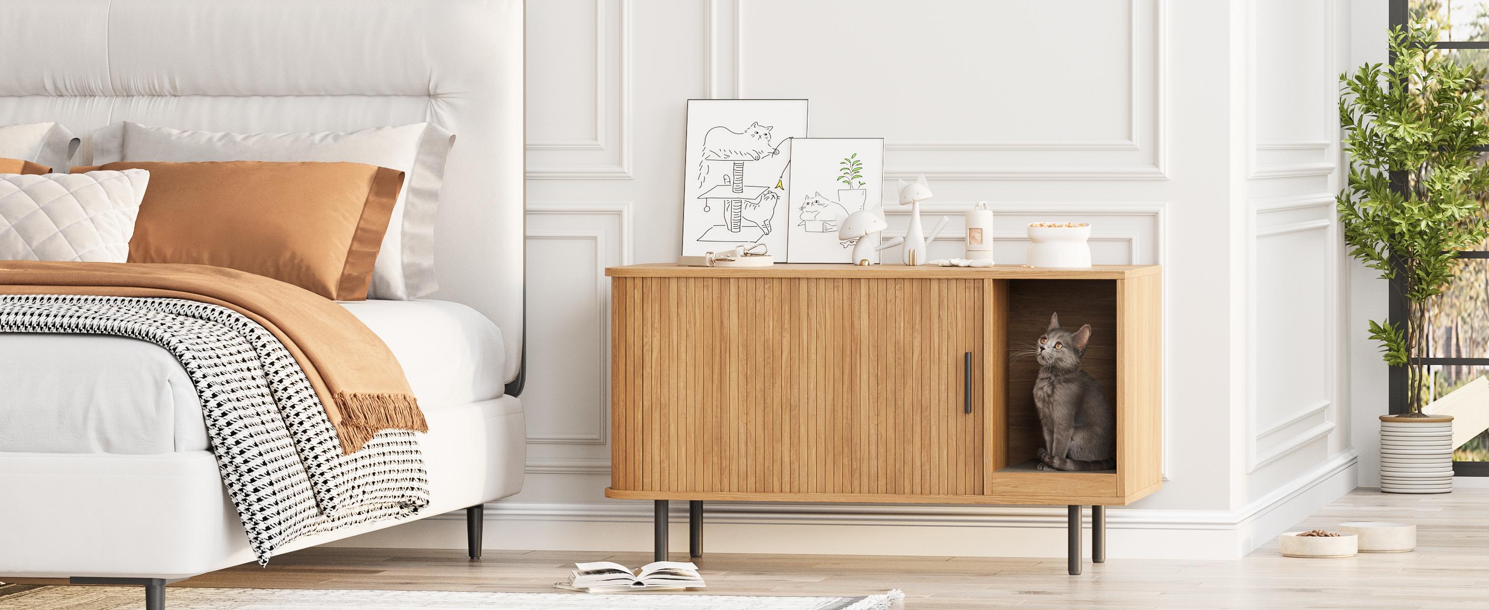 Vabches Cat Litter Box Enclosure with Cat Scratch Pad, Sliding Door, 37.4" Litter Box Enclosure Furniture Hidden Litter Box, Modern Indoor Cat House, TV Stand, Side End Table for Living Room