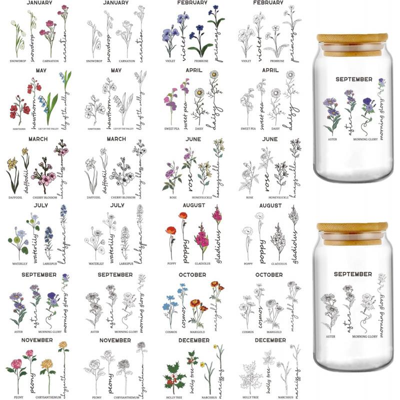 UV DTF Cup Wraps - 24 Sheets Birth Flowers by Month Uvdtf Tumbler Wrap for 16 oz Coffee Mugs, Roses Daisies Violets Transfer Stickers DIY Water Bottle Craft Decals Decoration Gift for Mom