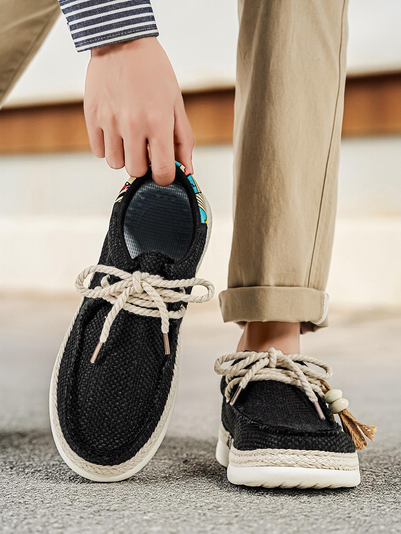 Summer New Men's Linen Shoes, Breathable Non-Stuffy, Colorblock Geometric Pattern, Fringe Decor, Retro Ethnic Style, Comfortable Thick Sole