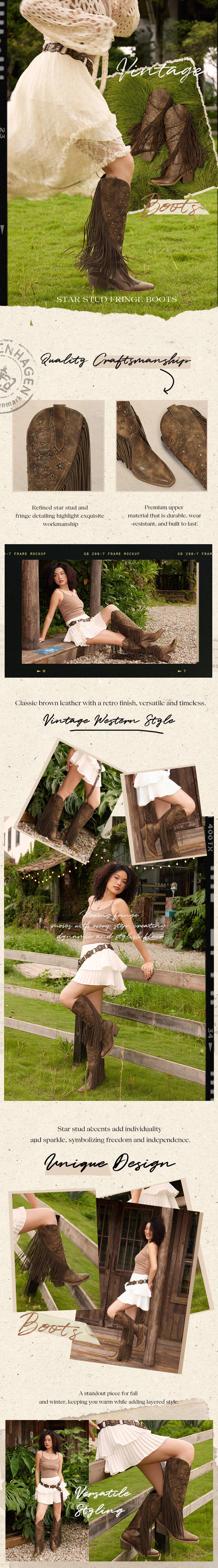 Wetkiss Retro Western Cowboy Cowgirl Boots Women Brown Knee High Boots with Star Studs Fringe and Chunky Heel ,Women's Shoes,Women's Boots Footwear #TikTokShopSpringGlowUp #greenish