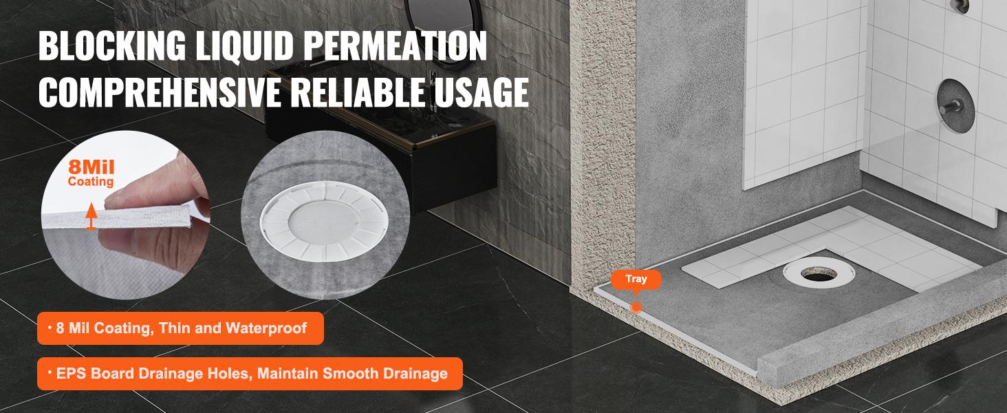 【Summerfinds】VEVOR Leakproof Shower Tray Kit Set, 48"x72" with 6.3" Central Drain, Lightweight EPS Board Installation Supplies, 2 Waterproof Cloths & Slope Sticks for Bathroom, Slim Profile
