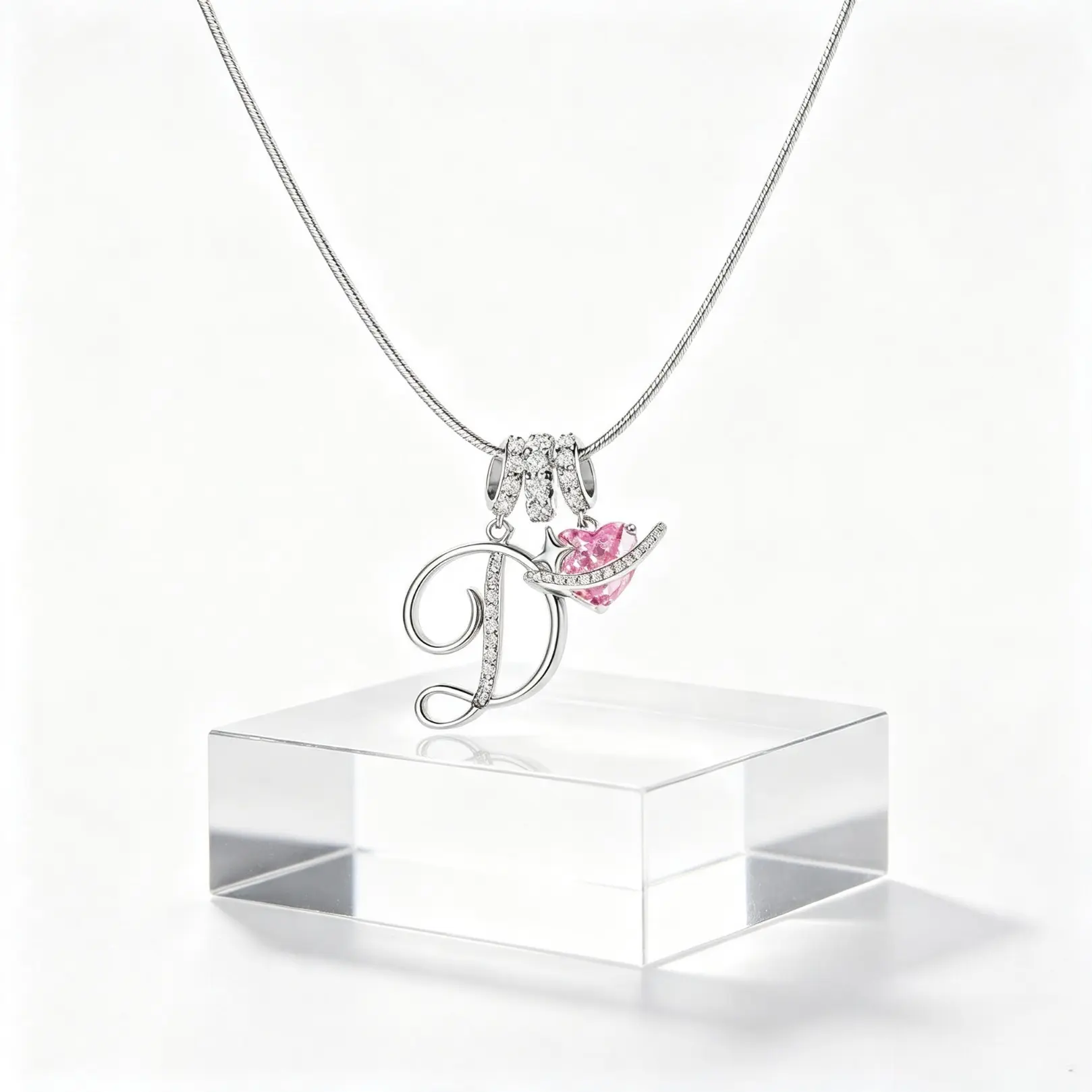 Initial Letter D Necklace For Women, Polished Silver Pendant With Pink Heart Zircon, Dainty Adjustable Snake Chain, Personalized Heart Jewelry, Elegant Accessory For Daily Date Birthday Holiday Gift Occasions