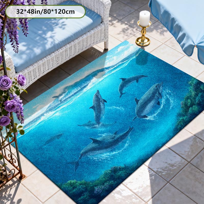 Super Soft Imitation Cashmere Dolphin Pattern Rug Ocean Fresh 2D Print Cozy Plush Non Slip Machine Washable Durable Floor Mat Perfect For Living Room Entryway Bedroom Yard Patio Balcony Pool Garage Indoor Outdoor Home Decor bathroom set non-slip shower