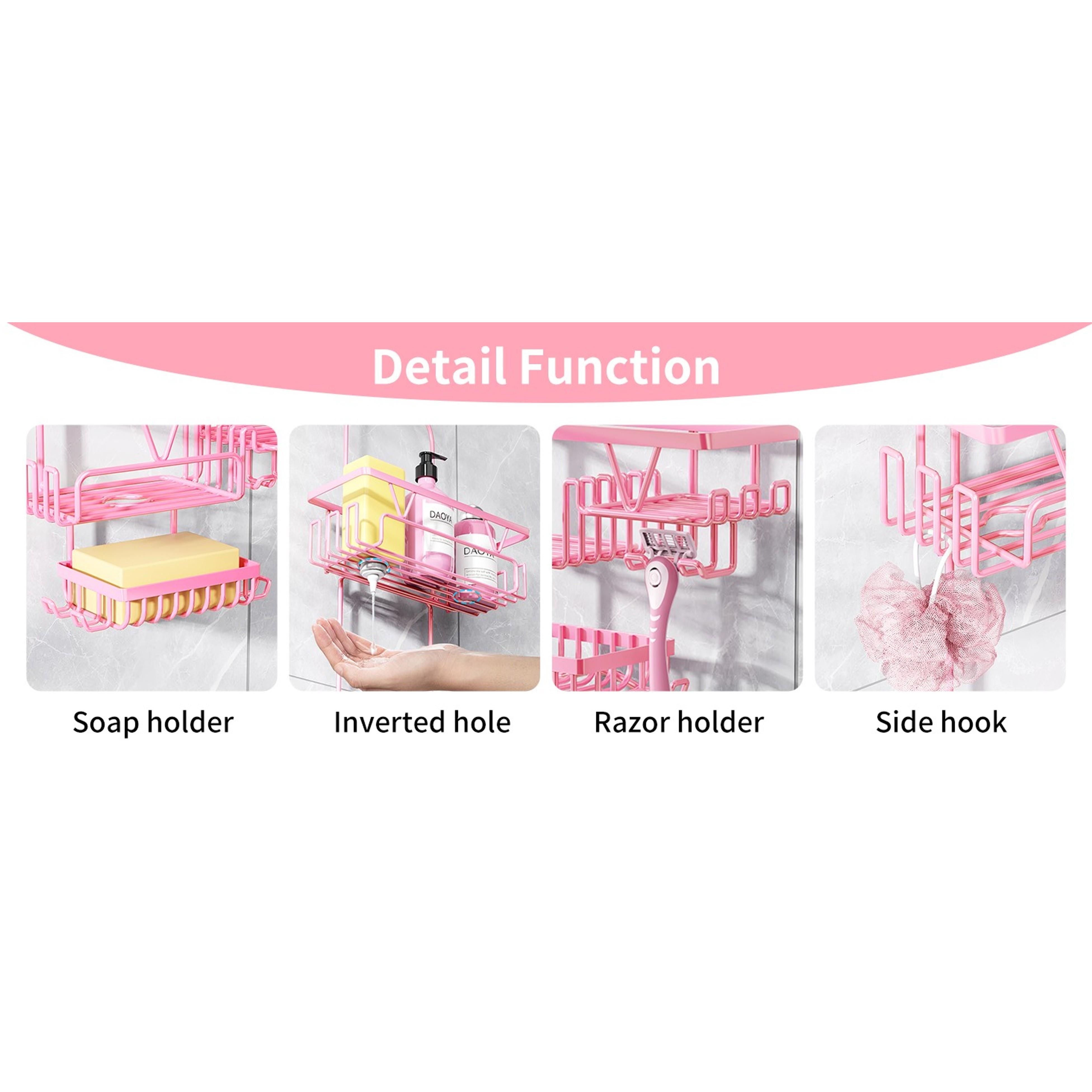 Pink Stainless Steel Hollow Hanging Shower Caddy Over Shower Head - Anti-Swing Bathroom Organizer, 2 Soap Holders, Multi Hooks, Rustproof Indoor Bathroom Accessory