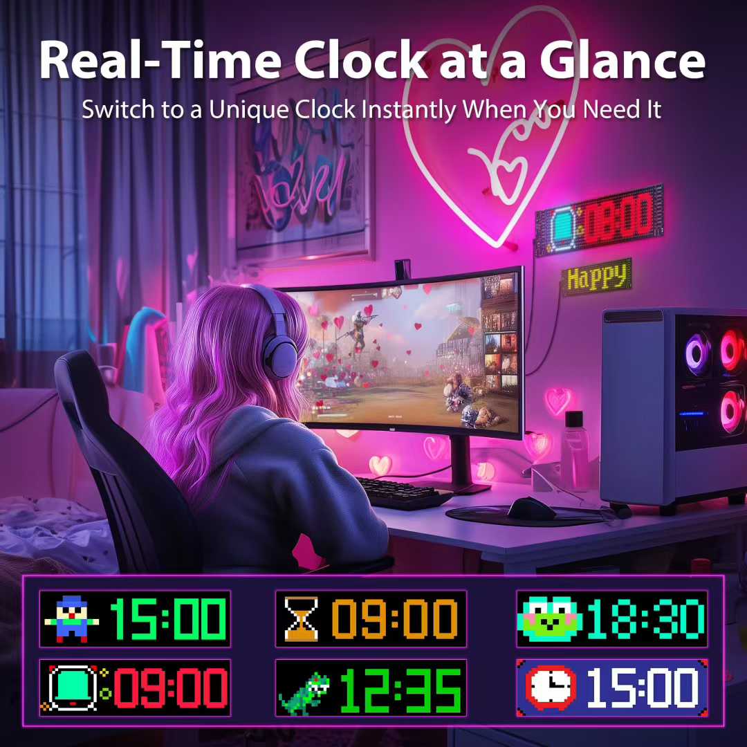 Scrolling LED Sign, Programmable Flexible LED Digital Display, Smart APP Control&Remote Control Custom Text DIY Pattern Animation Matrix Panel Board Banner LED Lights Car Accessory for Car Concert Party Bar Hotel Store Decor