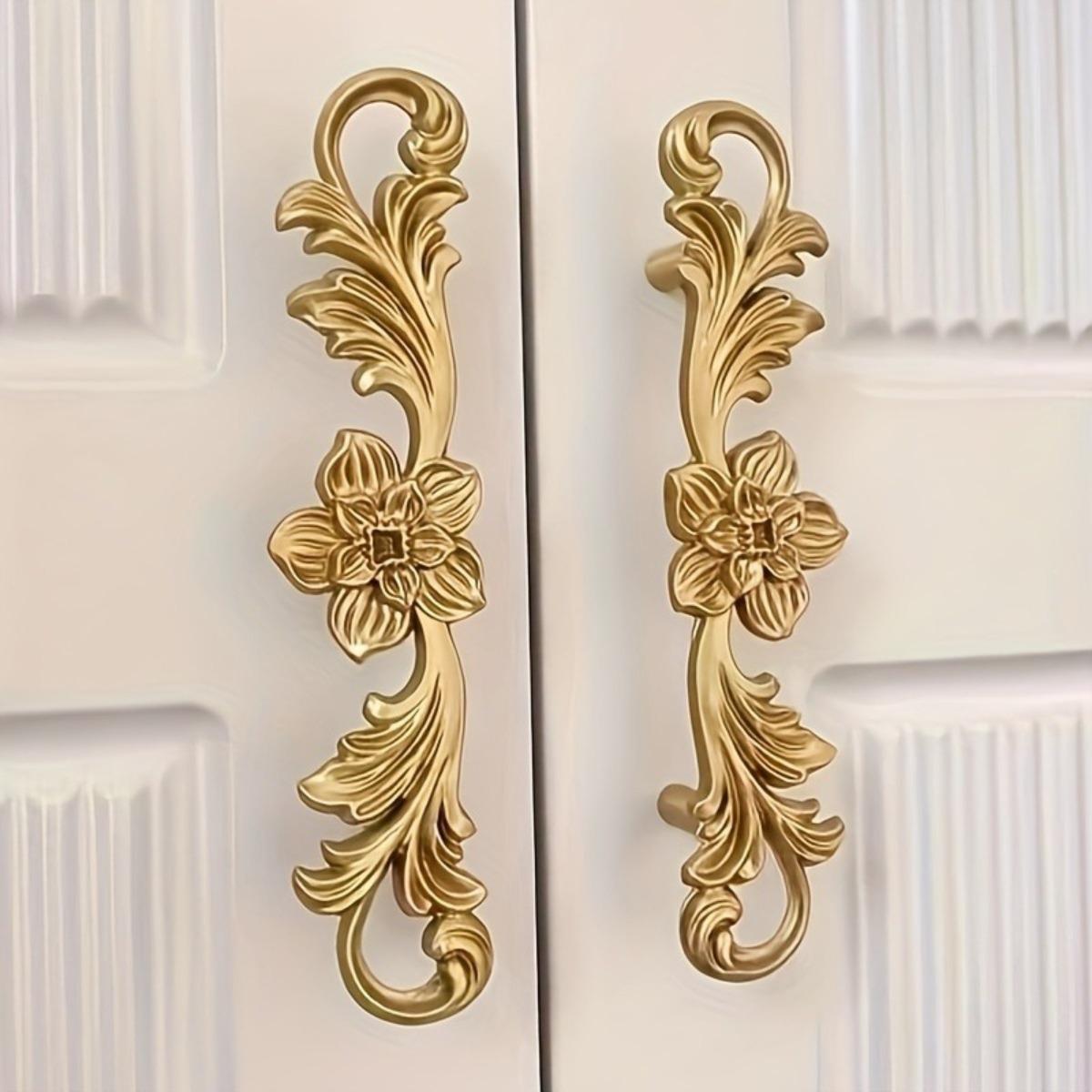 2PCS Gold Floral Engraved Cabinet Pulls, Luxury Metal Branch Texture Door Handles, Bright Gold Light Luxury Drawer and Wardrobe Handles for Modern Vintage Kitchen Cabinet Dresser Furniture Hardware