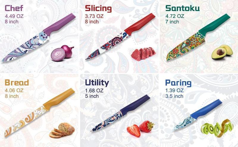 Astercook Paisley Pattern Knife Set with Cover, Dishwasher Safe Colorful Knives with 6 Knife Sheath, German Stainless Steel Rainbow Knife Set