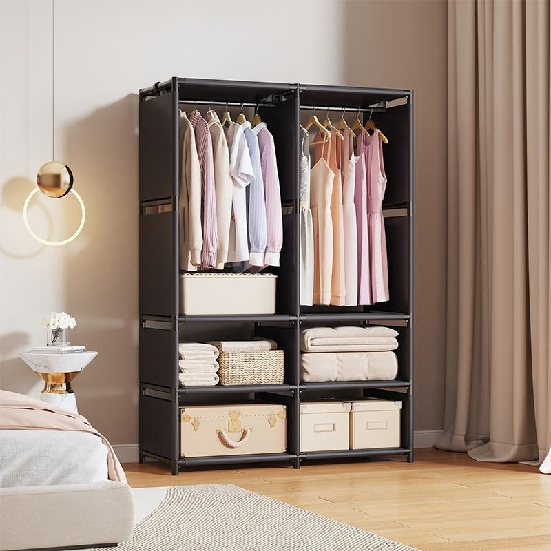 Wardrobe with clothes rod and storage shelves, standalone portable storage cabinet, easy-to-assemble fabric clothing organizer storage cabinet, sturdy metal frame, suitable for bedrooms, walk-in closets, apartments, dormitories, and small spaces